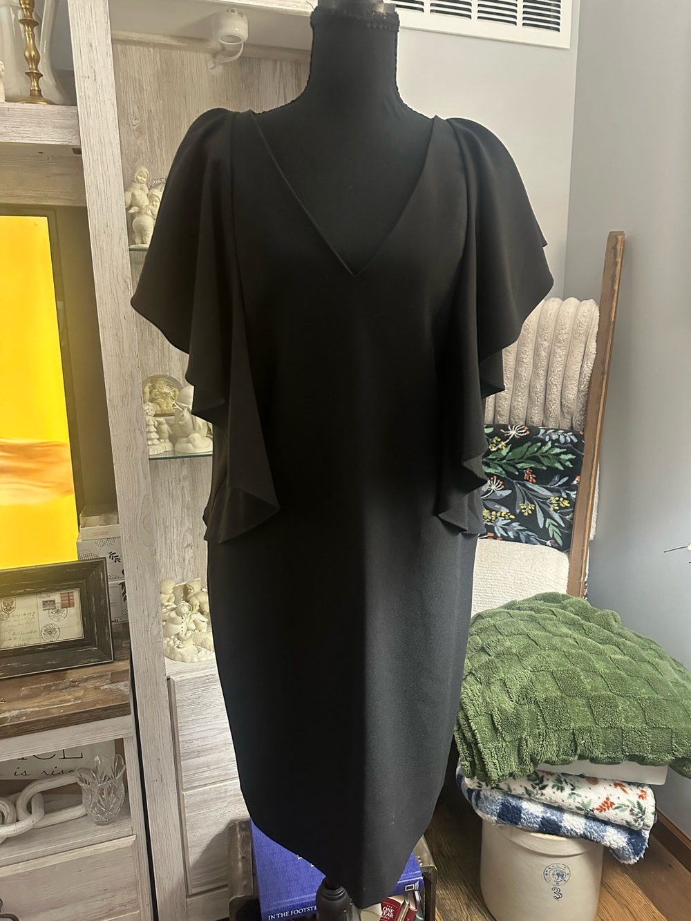 Elegant Black V-Neck Midi Dress with Layered Flutter Sleeves